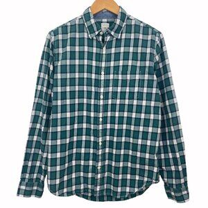 Gap Men Lightweight Twill Casual Button-Down Plaid Shirt Navy Blue Green Medium